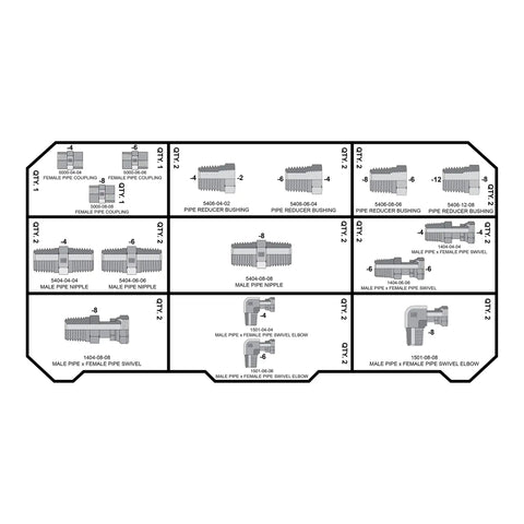 Diagram of All-In-One Heavy Duty Hydraulic Fittings And Adapter Kit With 101 Adapters And 150 O Rings For NPT Threads layout