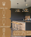 Kitchen island with two 16-Inch 4-Light Farmhouse Pendant Light with Wood Panel Frame in Oil Rubbed Bronze and Russet Oak Finish.