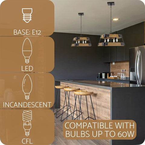 Kitchen island with two 16-Inch 4-Light Farmhouse Pendant Light with Wood Panel Frame in Oil Rubbed Bronze and Russet Oak Finish.
