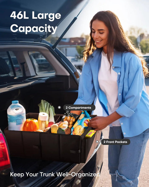 Woman using Foldable Trunk Organizer For Cars And SUVs With Dual Large Compartments And Six Mesh Pockets Keeps Groceries Tools And Gear Neatly Stowed In A Sturdy Black Car Accessory For Sedans And SUVs in open trunk.