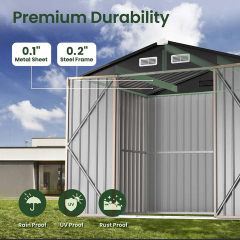 8x6 Ft Full Size Outdoor Metal Storage Shed With Floor, reinforced sidewall girts, steel frame, and all weather durability features.