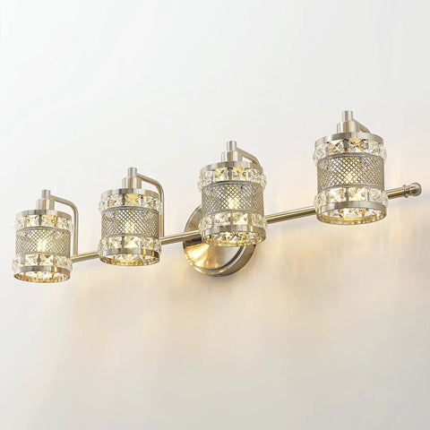 Over Mirror Four Bulb Bathroom Vanity Light With Cylinder Crystal Shade Modern Wall Sconce Easy Installation