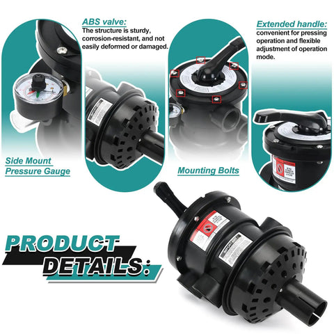 Top Mount Multiport Valve Replacement SP0714T for one and one half inch sand filter systems with pressure gauge and handle.