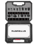 15 Piece One Quarter Inch Shank Tungsten Carbide Router Bit Set With Plastic Case shown open with bits inside