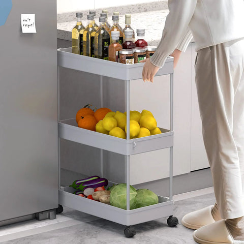 Three Tier Rolling Cart With Wheels For Office Living Room And Kitchen Gray Three Hanging Baskets in use beside kitchen counter