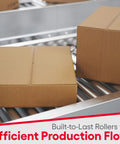 Boxes on heavy duty galvanized steel conveyor rollers 1.5 inch diameter, 16 inch between frames, 18 gauge, in use