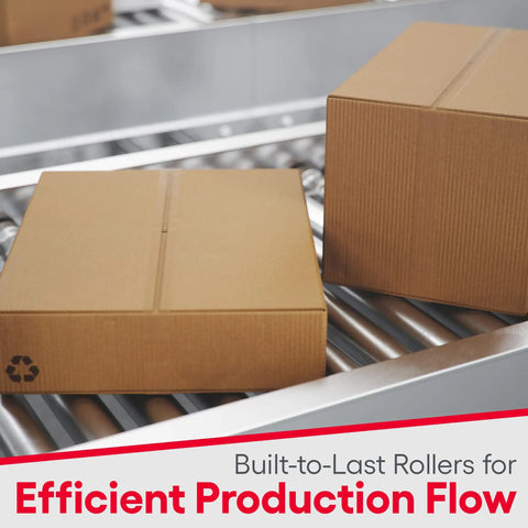 Boxes on heavy duty galvanized steel conveyor rollers 1.5 inch diameter, 16 inch between frames, 18 gauge, in use