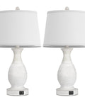 Set Of 2 Farmhouse Table Lamps With USB C And USB A Fast Charging Ports, 26 Inch Tall, 3 Way Dimmable White Fabric Shade