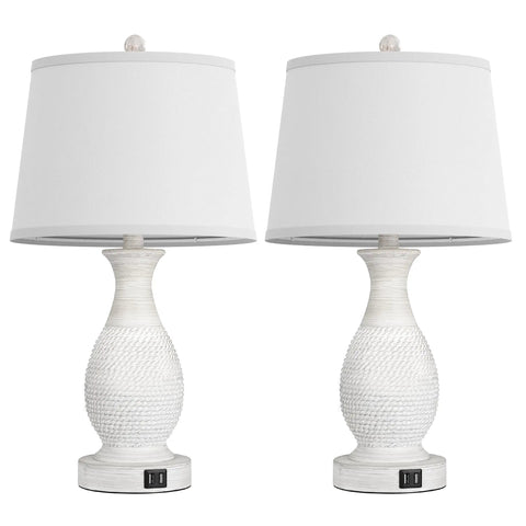 Set Of 2 Farmhouse Table Lamps With USB C And USB A Fast Charging Ports, 26 Inch Tall, 3 Way Dimmable White Fabric Shade
