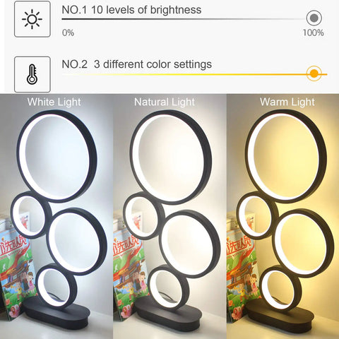 Two Pack LED Table Lamp Set Modern Dimmable Bedside Lights 18W Three Color Modes Black showing three light settings