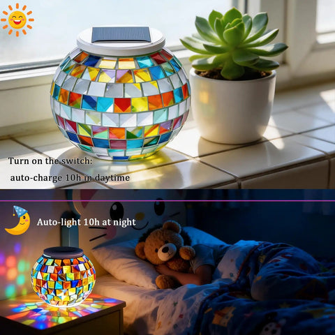 Color Changing Solar Powered Glass Ball Lights For Outdoor And Indoor Decor Mosaic Globe Lamp on windowsill and nightstand