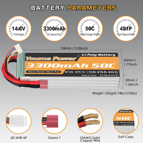 14.8V 3300mAh LiPo 4S Battery Pack 50C With T Plug For RC Helicopter Quadrotor Plane Boat, battery parameters shown