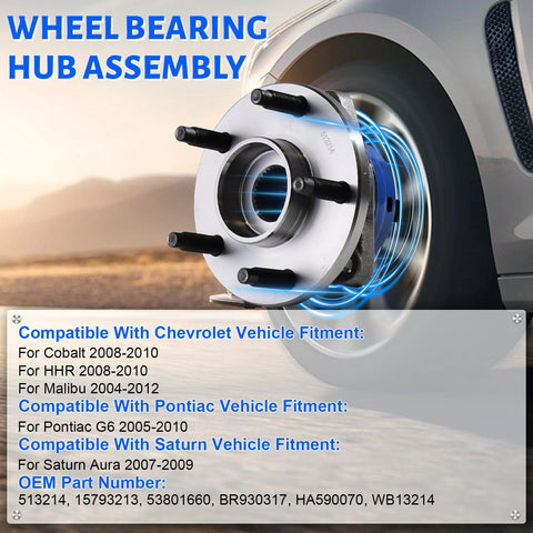 Front Wheel Bearing Hub Assembly With 5 Lug ABS Fits Chevy Cobalt 2008 2010 Malibu 2004 2012 Pontiac G6 2005 2010 Saturn Aura 2007 2009 HHR 2008 2010 Replacement Hub Assembly shown spinning on wheel