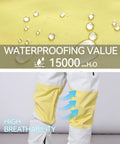 Waterproof Insulated Ski Bibs For Men And Women showing waterproof fabric with 15000mm/H2O value and breathable leg zippers detail.