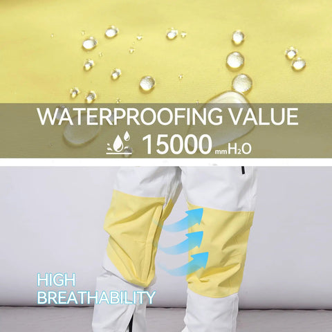 Waterproof Insulated Ski Bibs For Men And Women showing waterproof fabric with 15000mm/H2O value and breathable leg zippers detail.