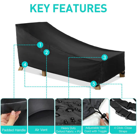 Key features of Heavy Duty Waterproof Patio Chaise Lounge Cover For Outdoor Furniture Fits 78L X 34W X 32H Inches Black