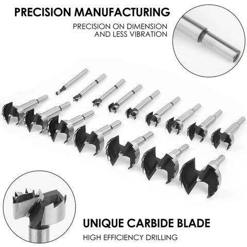 Sixteen Piece Dope Forstner Bit Set For Wood Drilling With Center Positioning shown in a row highlighting precision manufacturing.