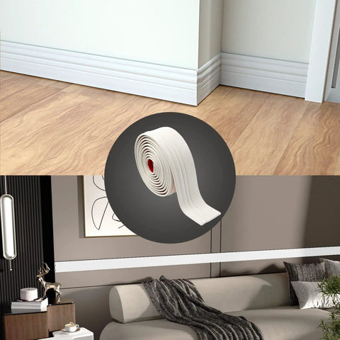 Peel And Stick Baseboard Molding Trim 4 Inch Wide Sixteen Point Four Feet Long Vinyl Wall Baseboard Molding for floor in creamy white.