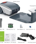 No Fuss Smart Robotic Lawn Mower For Commercial Use showing mower, charging station, accessories, and manuals.