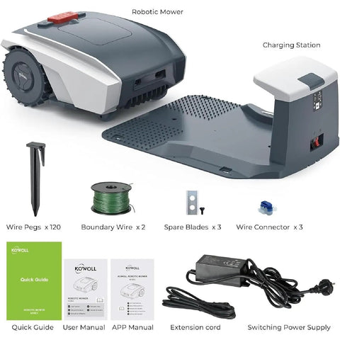 No Fuss Smart Robotic Lawn Mower For Commercial Use showing mower, charging station, accessories, and manuals.