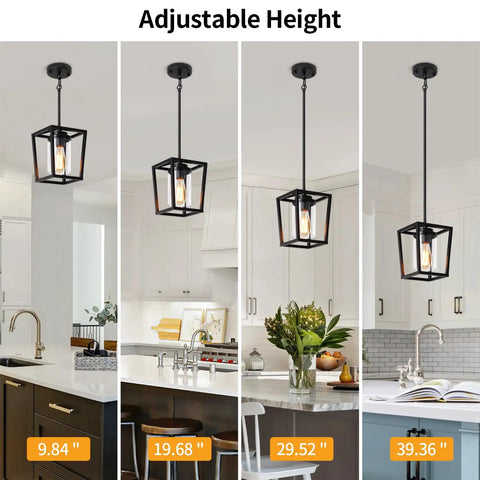 Black Pendant Lights For Kitchen Island, Modern Lantern Fixtures With Clear Glass Shades, adjustable height in four settings