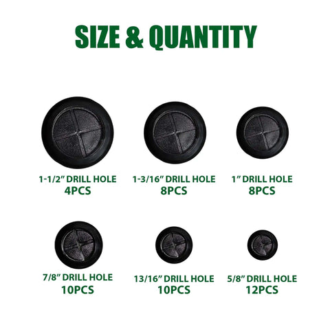 52 Piece Rubber Grommets Kit With Firewall Hole Plugs in six hole sizes displayed with quantity for wire protection and automotive repair.