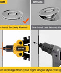 Comparison of a One Quarter Inch Pop Rivet Gun Kit With 200 Blind Rivets And Five Interchangeable Rivet Heads For Metal Auto And Gutters Heavy Duty Hand Riveter Tool With Smooth Leverage showing secure two-hand rivet vs less secure one-hand rivet.
