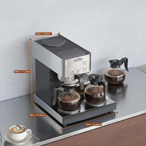 Front view of a 12 Cup Commercial Coffee Brewer With 4 Warmers And 4 Glass Decanters, Pour Over Drip Coffee Maker In Stainless Steel Housing.