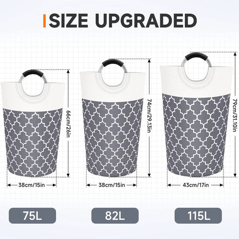 Three sizes of gray collapsible laundry baskets with aluminum soft grip handles; 75L, 82L, and 115L capacity.