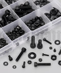 Black hex socket screws, nuts, and washers in a clear organizer box, part of Brass Heat Set Threaded Inserts Kit With Hex Socket Screws Nuts Washers For Plastic 3D Printing M2 M2.5 M3 M4 M5 595 Pieces Durable Hardware Set Great For DIY Projects And Repairs.