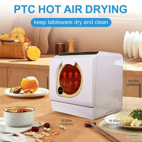 Kitchen Game Changer Compact Countertop Dishwasher With Built In Water Tank And Five Wash Cycles Fast Dual Spray Jets Leak Resistant Design Perfect For Dorms Studios And Tiny Apartments Zero Hassle Clean in white with visible size labels.