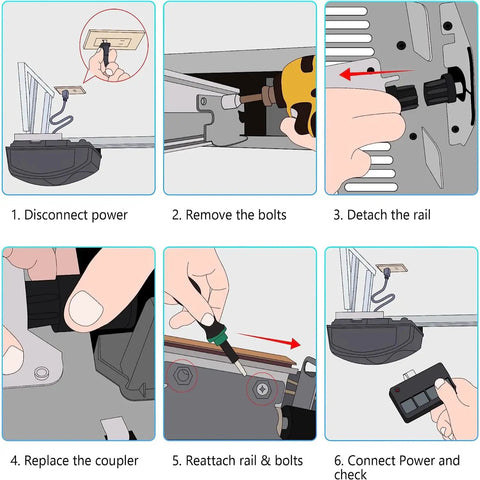 Garage Door Opener Screw Drive Coupler Kit 4 Pack For DIY Fix When Motor Runs But Shaft Won't Turn, Compatible With Most Openers, Easy Install And Reliable Repair. Instruction diagram showing coupler replacement steps