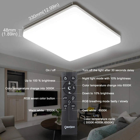 Remote-controlled RGB Ceiling Light With Remote Control 13 Inch 36W Dimmable Flush Mount Fixture For Bedroom, living room view