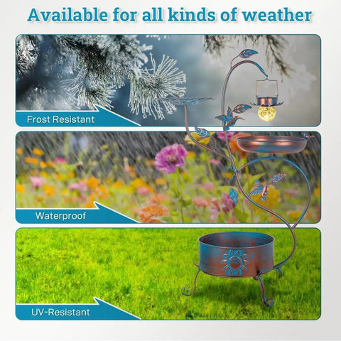 3 In 1 Outdoor Metal Bird Bath With Feeder And Planter Garden Blue Bird Bath With Solar Lights With Frost, UV, Waterproof Design