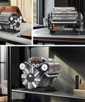 Dope V8 Engine Building Blocks Set with Battery Box and Motor, realistic model kit with transparent cylinder heads on display.