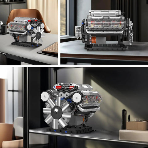 Dope V8 Engine Building Blocks Set with Battery Box and Motor, realistic model kit with transparent cylinder heads on display.