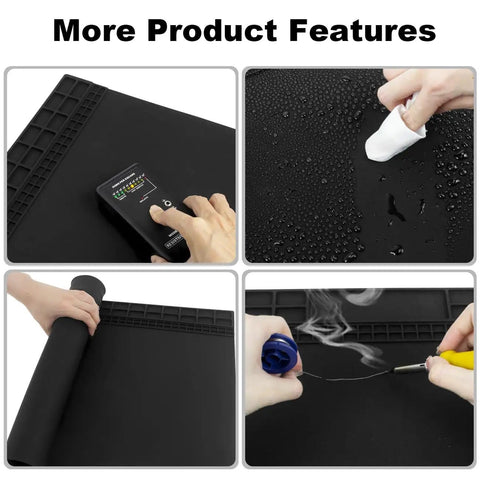 Extra Large Anti Static Soldering Mat With Grounding Accessories And Wrist Strap, Pro Grade And Heat Resistant Up To 932F, showing water resistance, heat proofing, and flexibility, 27.6 Inch By 15.7 Inch, Black.