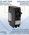 RV Circuit Breaker 30/20 Amp Twin Single Pole 120V Thermal Magnetic Plug-In Type QT Compatible, front view, labeled features