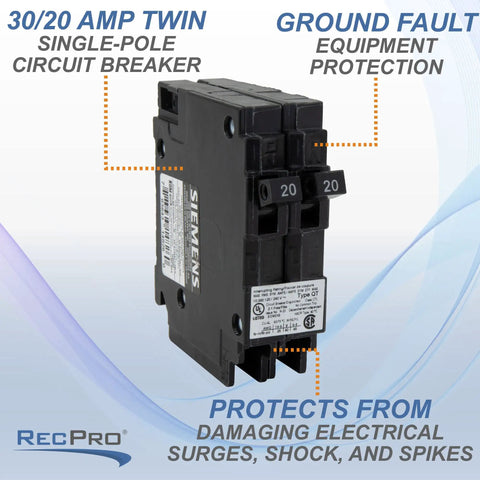 RV Circuit Breaker 30/20 Amp Twin Single Pole 120V Thermal Magnetic Plug-In Type QT Compatible, front view, labeled features