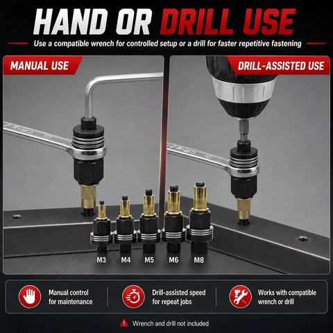 Rivet Nut Tool Kit M3 To M10 With Six Mandrels And Sixty Rivet Nuts Hand Or Drill Compatible Rivnut Setter For Auto And Metal Fabrication Repairs Quick Strong Threaded Inserts, manual and drill use