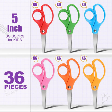 36 Pack Kid Scissors For School And Home, 5 Inch Safety Blunt Tip Scissors with Comfort Grip, Various Colors Displayed