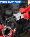 4 Piece Snap Ring Pliers Set For Internal And External Retaining Rings, 7 Inch Heavy Duty Circlip Pliers With Bent Jaws shown in use.