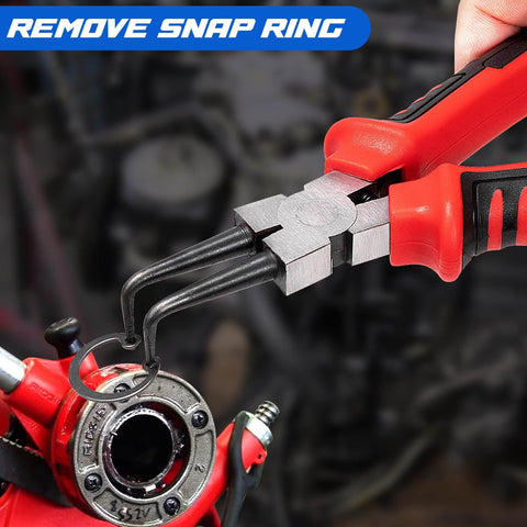 4 Piece Snap Ring Pliers Set For Internal And External Retaining Rings, 7 Inch Heavy Duty Circlip Pliers With Bent Jaws shown in use.