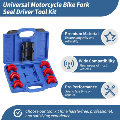 Fork Seal Driver Tool Kit 14Pcs For 35Mm To 50Mm Forks No Fuss Pro Grade Install Set with red adapters in blue case
