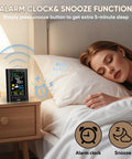 Woman sleeping beside a Wireless Indoor Outdoor Weather Station With Thermometer And Humidity Monitor, 330ft Range Sensor, on nightstand