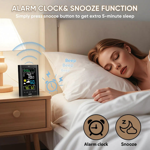 Woman sleeping beside a Wireless Indoor Outdoor Weather Station With Thermometer And Humidity Monitor, 330ft Range Sensor, on nightstand