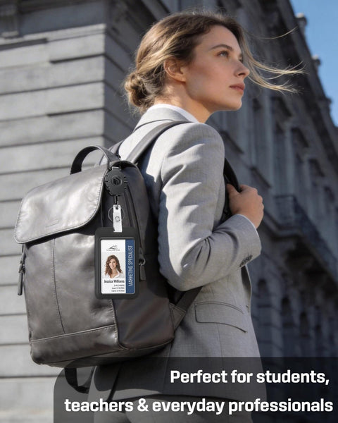 Person carrying backpack with Heavy Duty Retractable Keychain With Carabiner Badge Reel For ID Holder Up To 8 Oz attached