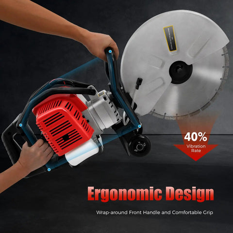 Badass Heavy Duty Concrete Cut Off Saw With Razor Blade And Rock Solid Steering Wheel Pro Masonry Workhorse For Wet Dry Brick Stone And Mortar Rough Jobs Around Town, showcasing ergonomic design and grip.