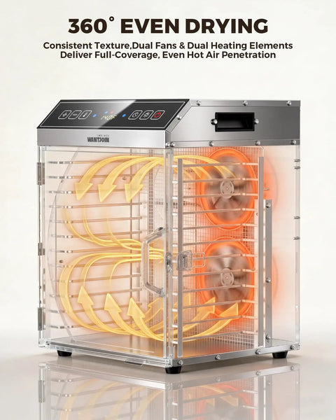 Heavy Duty Commercial Food Dehydrator With Twelve Roomy Trays And Jerky Hooks Made Of Rust Proof 304 Stainless Steel featuring dual fans for even drying.