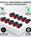 16mm Illuminated Push Button Switch With Green LED 5 Pin 1NO 1NC Momentary Action For Quick Testing And Jogging Durable Panel Mount Reset Ready High Visibility Button For Control Panels, red button set